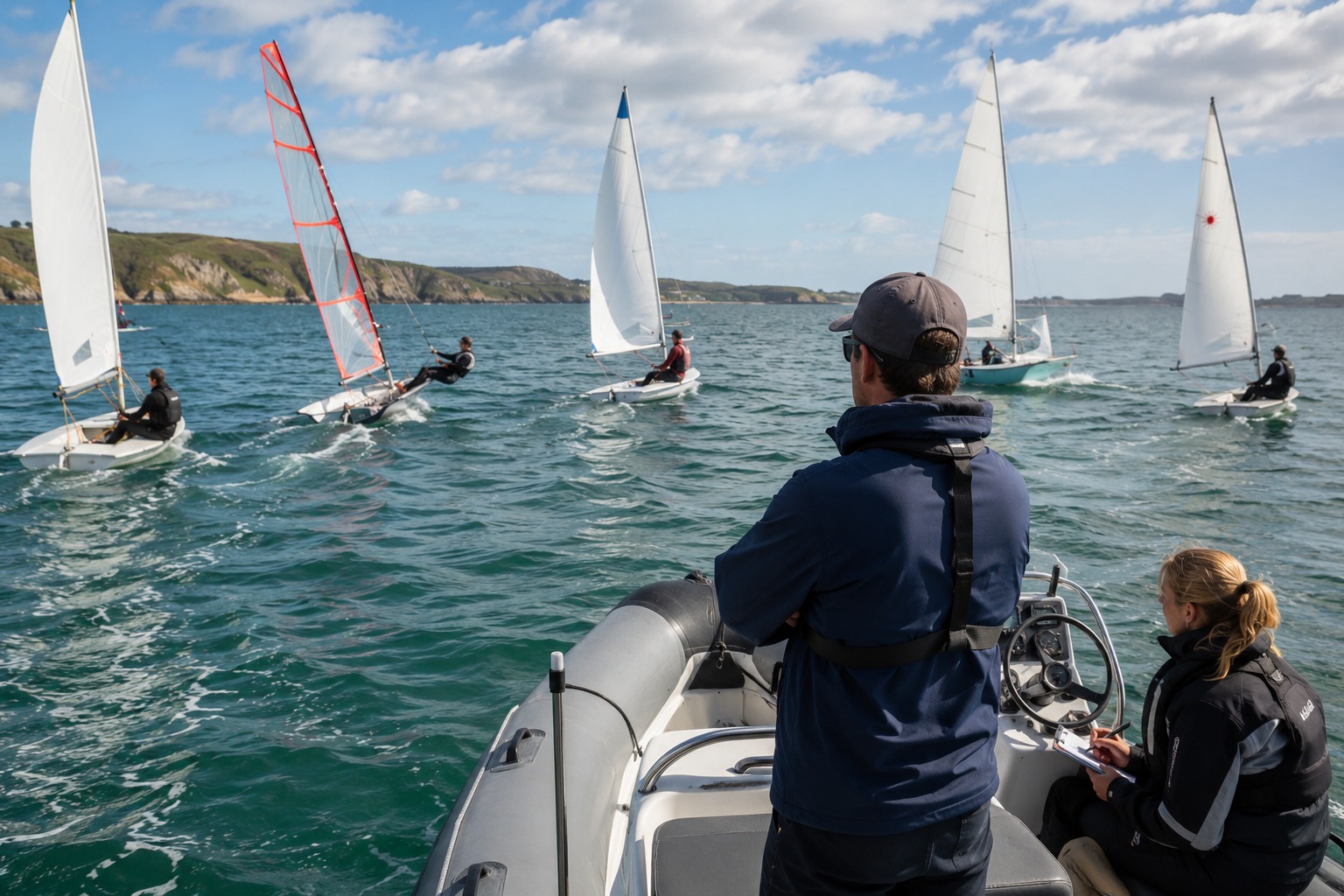 Coach observing different dinghy classes training on the water
