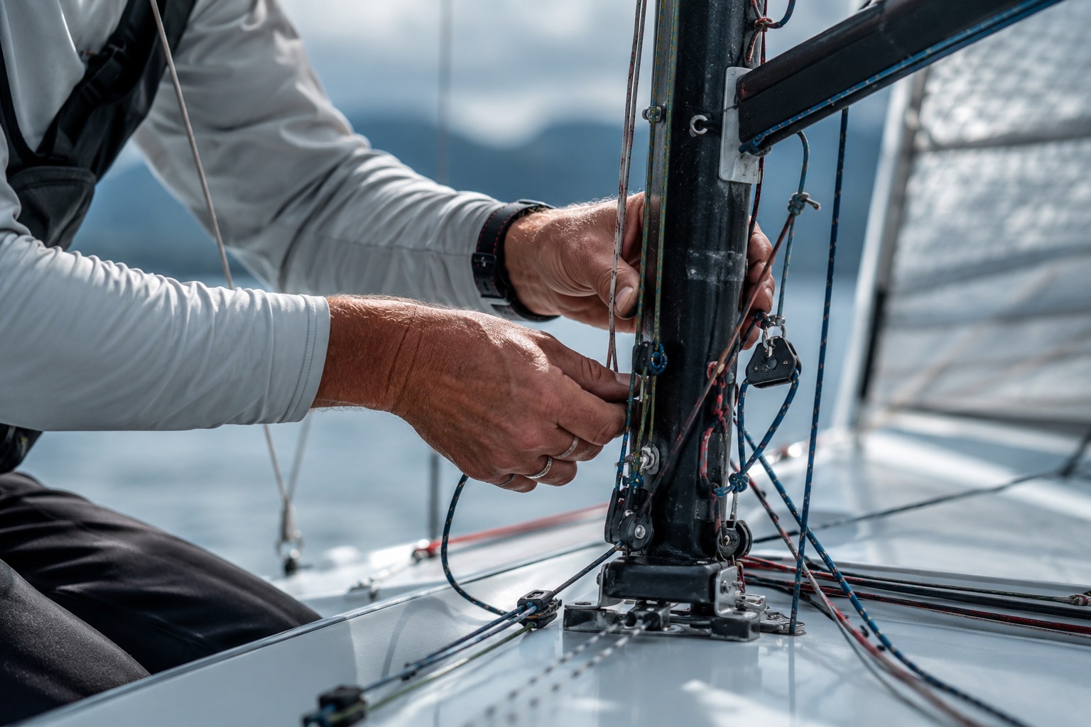 Close-up of hands adjusting dinghy rigging and control lines